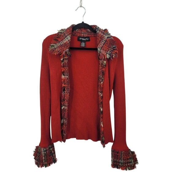 My Favorite Things Red Ribbed Silk Cardigan Jacket L Plaid Tweed Collar Cuffs - Picture 15 of 15
